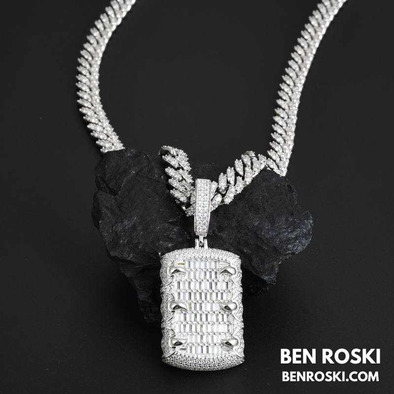 Baguette Dog Tag Pendant Sterling Silver, Gold & Rose Gold | VVS Moissanite | GRA Certified