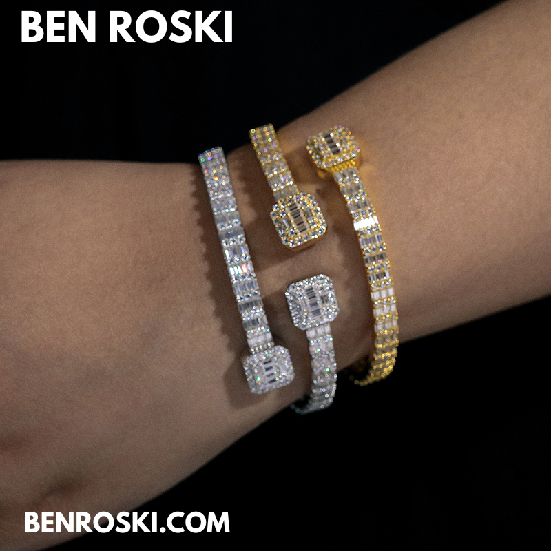 Baguette Moissanite Open Bangle – 7/8-Inch | 5.5MM | Silver, Gold Plated & Rose Gold Plated over 925 Silver | GRA Certified