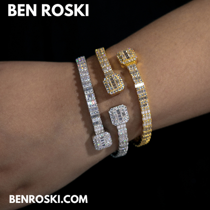 Baguette Moissanite Open Bangle – 7/8-Inch | 5.5MM | Silver, Gold Plated & Rose Gold Plated over 925 Silver | GRA Certified