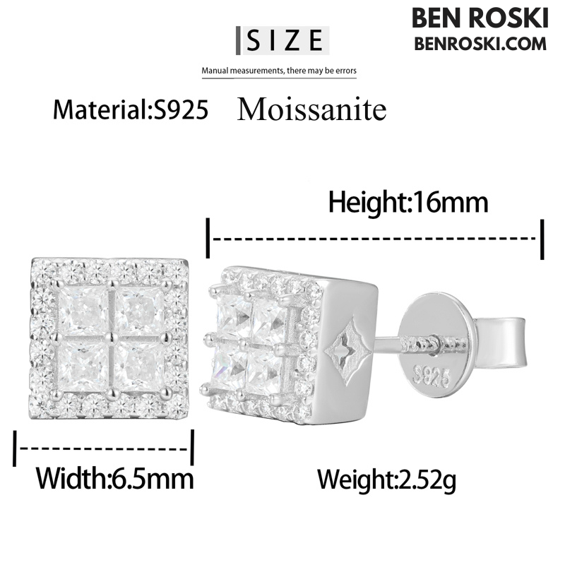 Square Cluster Stud Earrings Sterling Silver, Gold or Rose Gold Plated | 5A Moissanite Stones