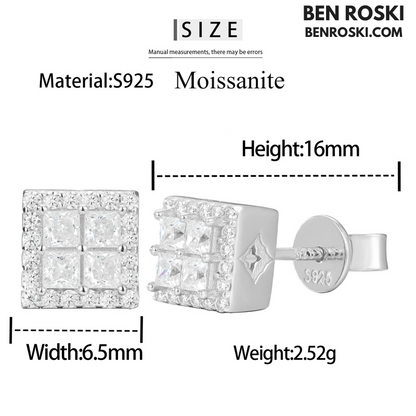 Square Cluster Stud Earrings Sterling Silver, Gold or Rose Gold Plated | 5A Moissanite Stones