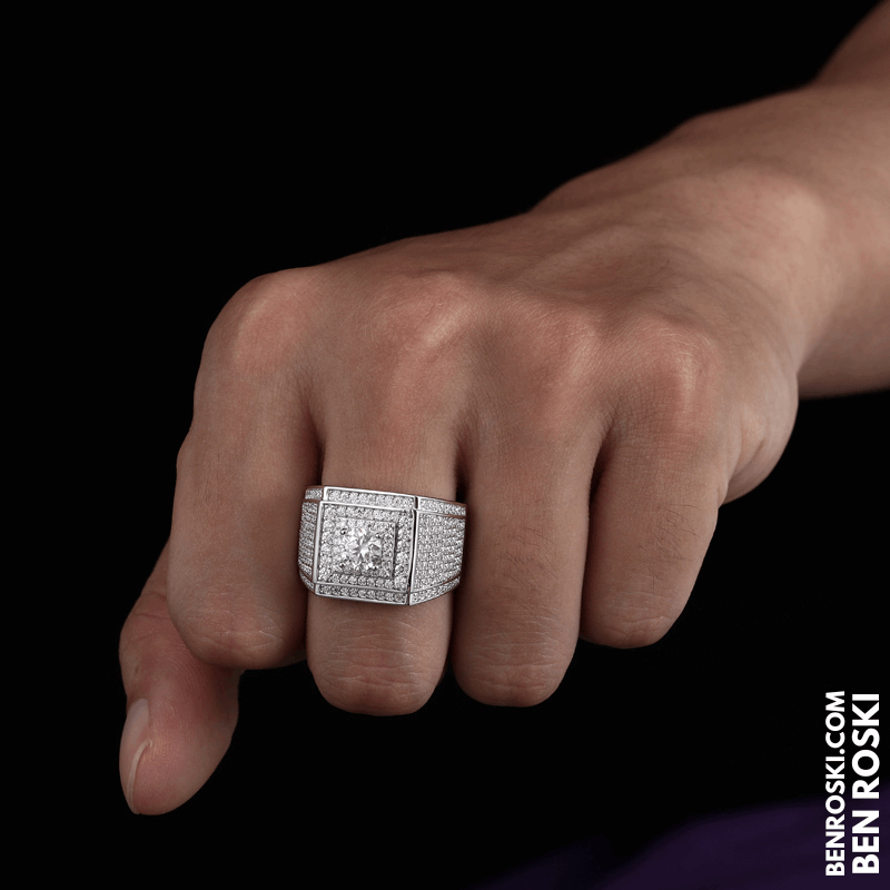 Men’s Iced Moissanite Square Statement Ring Sterling Silver, Gold, or Rose Gold | VVS Moissanite | GRA Certified