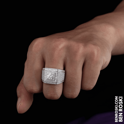 Men’s Iced Moissanite Square Statement Ring Sterling Silver, Gold, or Rose Gold | VVS Moissanite | GRA Certified