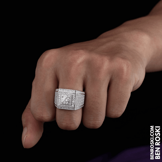 Men’s Iced Moissanite Square Statement Ring Sterling Silver, Gold, or Rose Gold | VVS Moissanite | GRA Certified