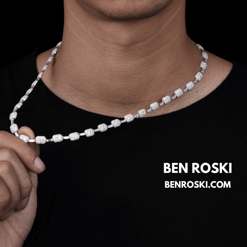 7MM Moissanite Cushion Link Chain Necklace – 22 Inch Sterling Silver, Gold, or Rose Gold | VVS D Color Stones | GRA Certified