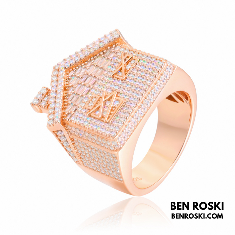 Iced-Out Roman Numeral Mansion Ring Sterling Silver or Gold/Rose Gold Plated | VVS Moissanite | GRA Certified