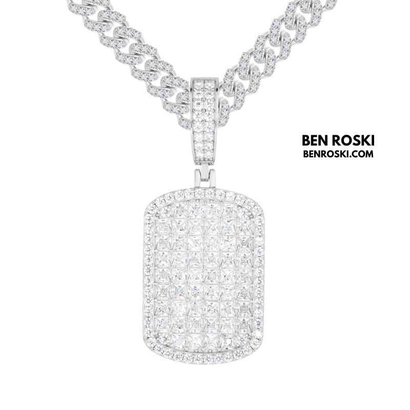 Iced Moissanite Rectangular Pendant Sterling Silver, Gold or Rose Gold Plated | VVS Moissanite | GRA Certified