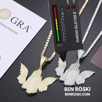 Praying Hands with Wings Pendant Sterling Silver, Gold, or Rose Gold | VVS Moissanite | GRA Certified