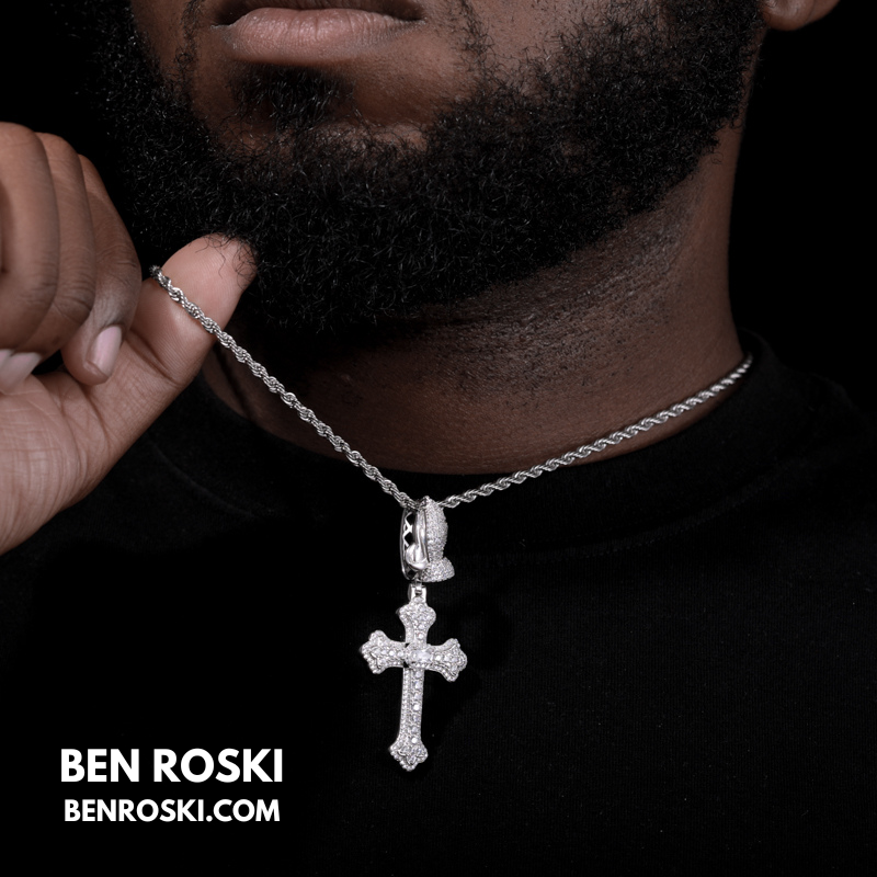 Moissanite Cross Pendant with Praying Hands Bail Sterling Silver, Gold, or Rose Gold | VVS Moissanite | GRA Certified