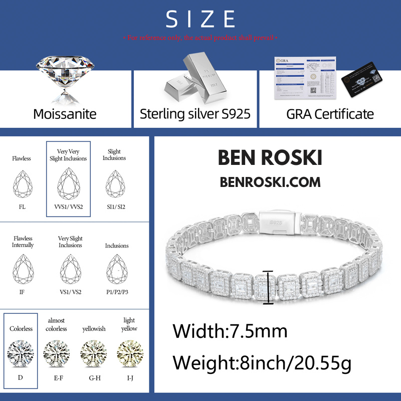 Square Moissanite Cluster Bracelet Sterling Silver | Gold & Rose Gold Plated | GRA Certified