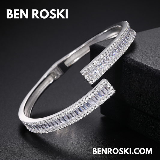 8MM Moissanite Baguette Bangle Sterling Silver, Gold Plated & Rose Gold Plated over 925 Sterling Silver | GRA Certified