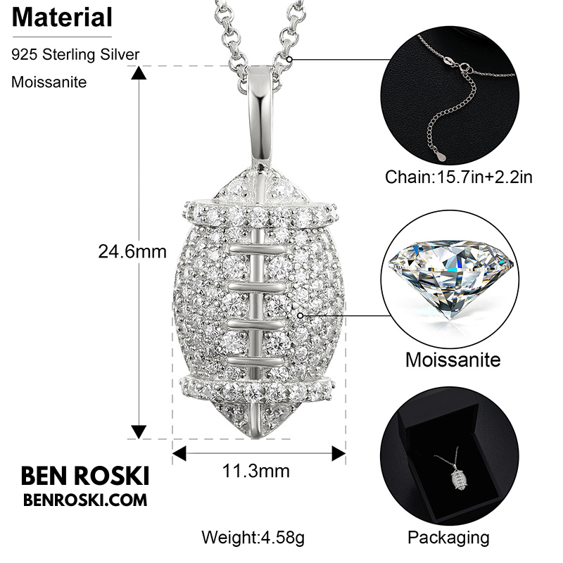 Moissanite Football Pendant Necklace Sterling Silver, Gold, or Rose Gold | VVS Moissanite | GRA Certified