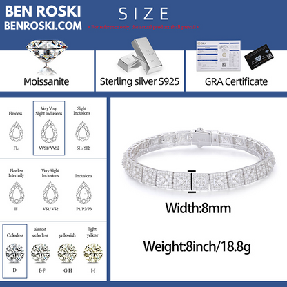 8MM Moissanite Square Link Bracelet Sterling  Silver, Gold, or Rose Gold | GRA Certified