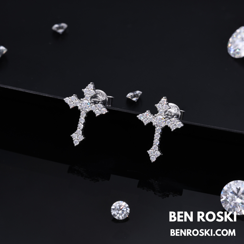 Moissanite Cross Stud Earrings Sterling Silver, Gold, or Rose Gold | VVS Moissanite | GRA Certified