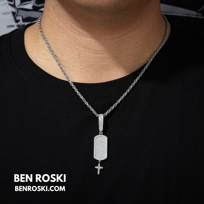 Iced Dog Tag Pendant with Cross Sterling Silver, Gold, or Rose Gold | VVS Moissanite | GRA Certified