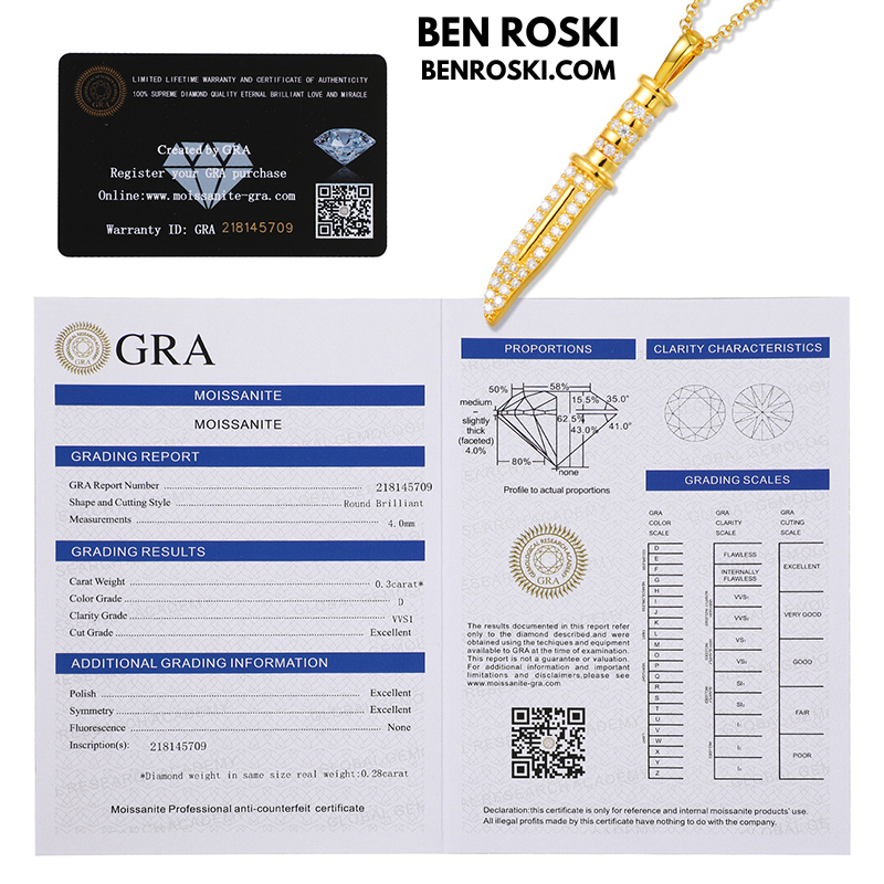 Knife Pendant Necklace Sterling Silver or Gold/Rose Gold Plated | VVS Moissanite | GRA Certified