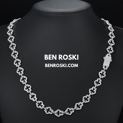 Iced-Out Clover Link Necklace Sterling Silver, Gold & Rose Gold | VVS Moissanite | GRA Certified