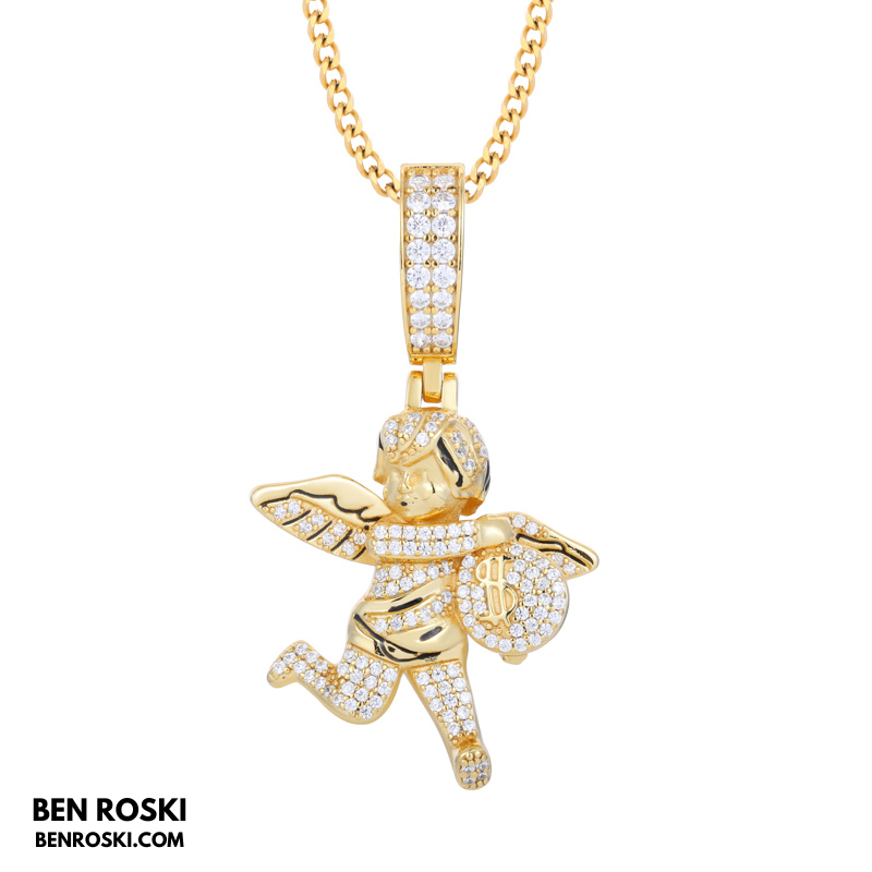 Angel Money Bag Pendant Sterling Silver or Gold & Rose Gold Plated | VVS Moissanite | GRA Certified