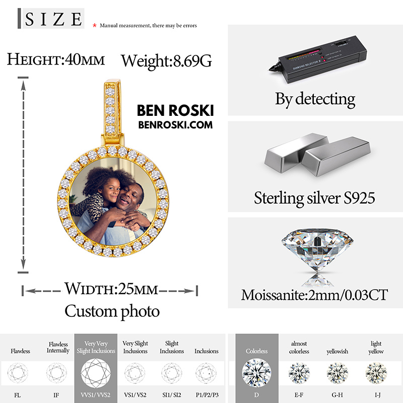 Custom Round Photo Pendant Sterling Silver, Gold & Rose Gold | VVS Moissanite | GRA Certified