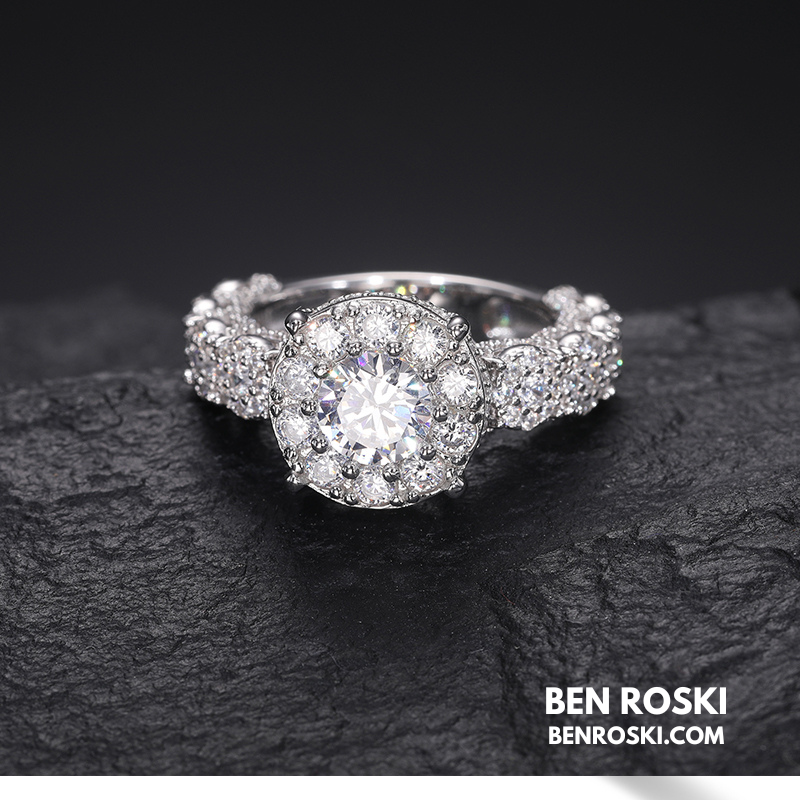 Halo Moissanite Engagement Ring Sterling Silver, Gold & Rose Gold | VVS Moissanite | GRA Certified