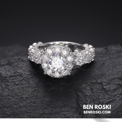 Halo Moissanite Engagement Ring Sterling Silver, Gold & Rose Gold | VVS Moissanite | GRA Certified