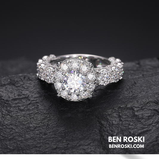 Halo Moissanite Engagement Ring Sterling Silver, Gold & Rose Gold | VVS Moissanite | GRA Certified