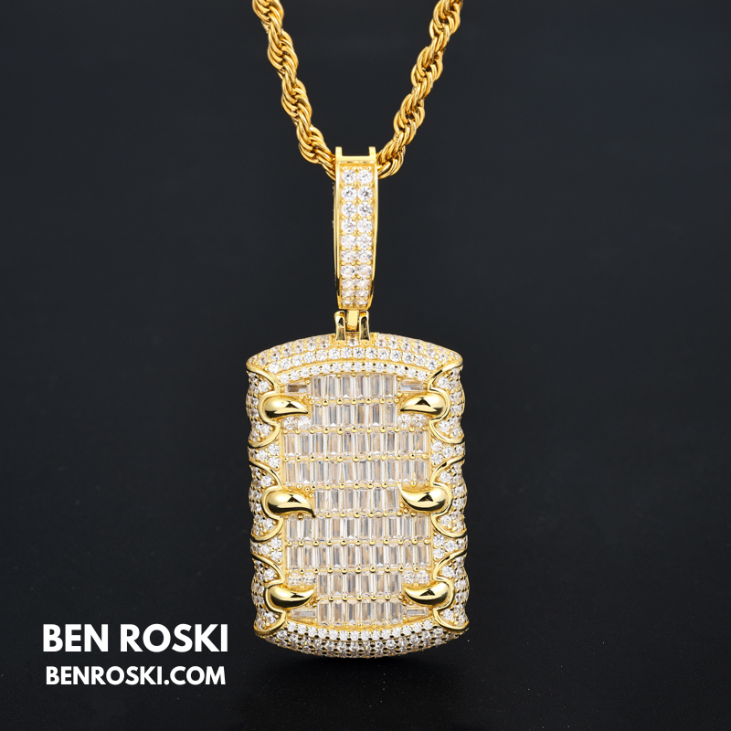 Baguette Dog Tag Pendant Sterling Silver, Gold & Rose Gold | VVS Moissanite | GRA Certified