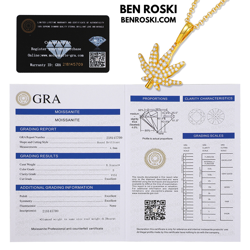 Cannabis Leaf Pendant Sterling Silver or Gold / Rose Gold Plated | VVS Moissanite | GRA Certified