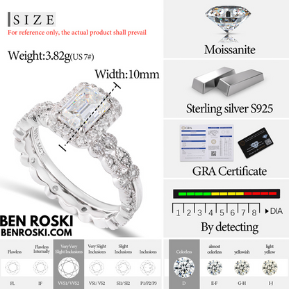 Emerald Cut Halo Moissanite Engagement Ring Sterling Silver, Gold, or Rose Gold | VVS1 Moissanite | GRA Certified