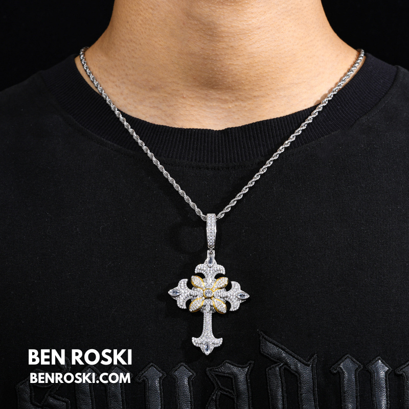 Floral Cross Pendant Sterling Silver, Gold & Rose Gold | VVS Moissanite | GRA Certified