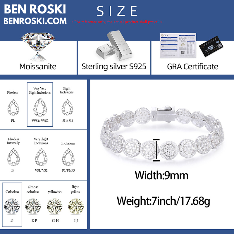9MM Moissanite Round Cluster Bracelet – 7" / 8" | Silver, Gold, or Rose Gold | GRA Certified