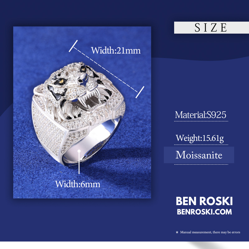 Iced-Out Tiger Head Ring Sterling Silver, Gold & Rose Gold | VVS Moissanite | GRA Certified