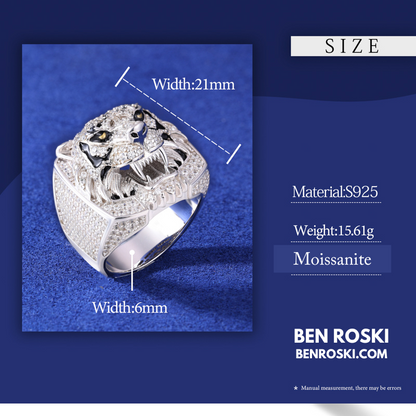 Iced-Out Tiger Head Ring Sterling Silver, Gold & Rose Gold | VVS Moissanite | GRA Certified