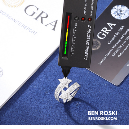 Double Star Moissanite Ring Sterling Silver, Gold & Rose Gold | VVS Moissanite | GRA Certified