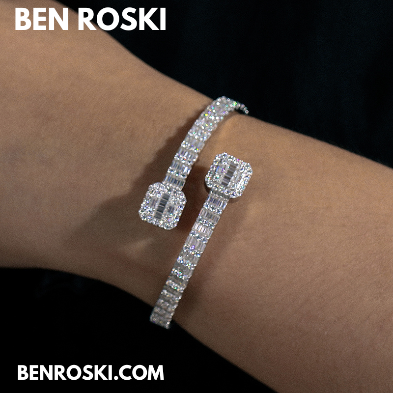 Baguette Moissanite Open Bangle – 7/8-Inch | 5.5MM | Silver, Gold Plated & Rose Gold Plated over 925 Silver | GRA Certified