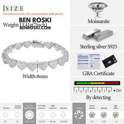 8MM Heart Moissanite Bracelet Sterling Silver, Gold, or Rose Gold | GRA Certified