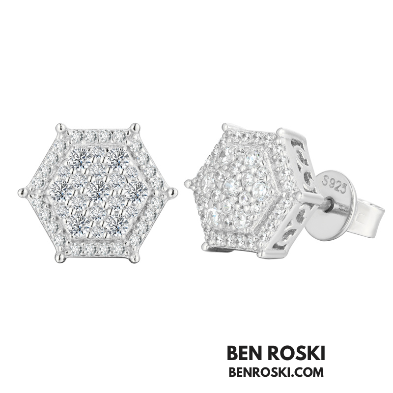 Hexagon Cluster Stud Earrings Sterling Silver, Gold, or Rose Gold Plated | VVS Moissanite | GRA Certified