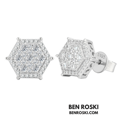 Hexagon Cluster Stud Earrings Sterling Silver, Gold, or Rose Gold Plated | VVS Moissanite | GRA Certified