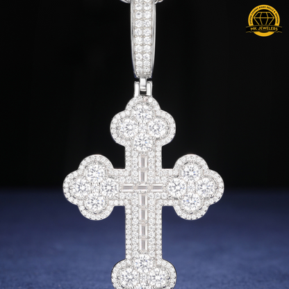 Moissanite Round Cluster Cross Pendant – 65MM | 15.2g | S925 Silver, Gold, or Rose Gold | VVS Moissanite | GRA Certified