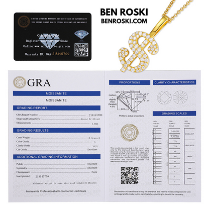 Dollar Sign Pendant Sterling Silver, Gold / Rose Gold Plated | VVS Moissanite | GRA Certified