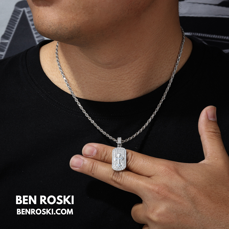 Iced Cross Dog Tag Pendant Sterling Silver, Gold & Rose Gold | VVS Moissanite | GRA Certified