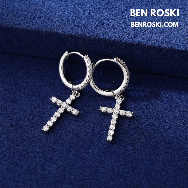 Moissanite Cross Hoop Earrings Sterling Silver, Gold, or Rose Gold | VVS Moissanite | GRA Certified