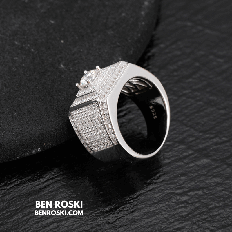 Men’s Iced Moissanite Square Statement Ring Sterling Silver, Gold, or Rose Gold | VVS Moissanite | GRA Certified