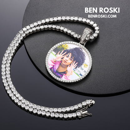 Custom Photo Round Pendant Sterling Silver or Gold & Rose Gold Plated | Moissanite | GRA Certified