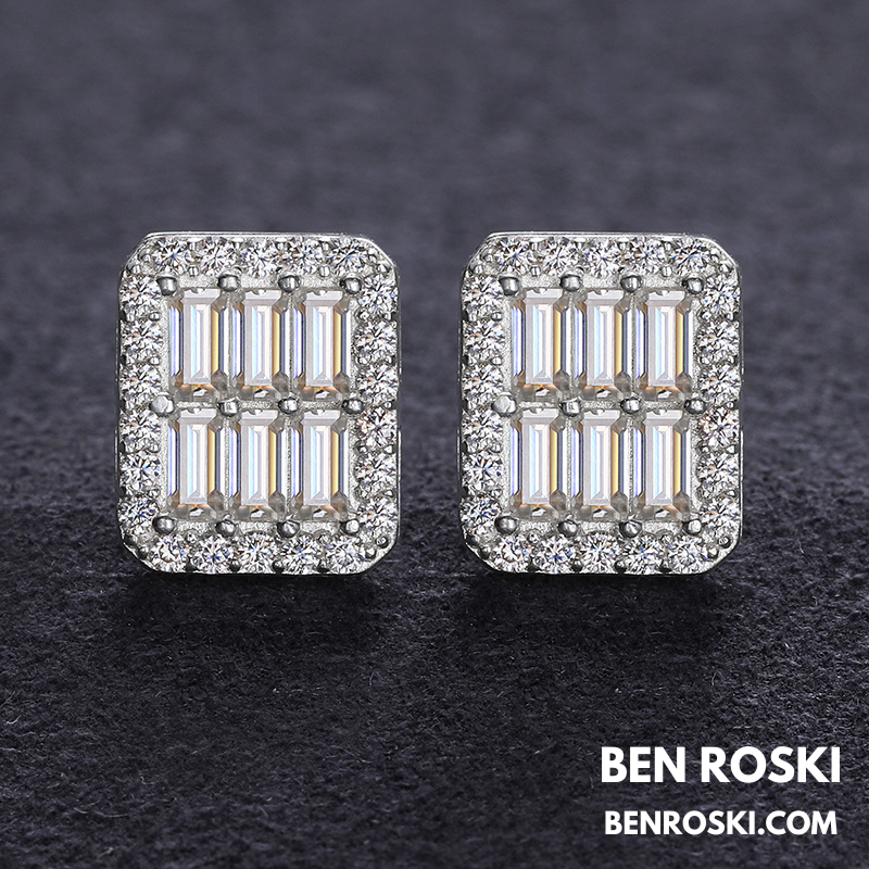 Rectangle Baguette Moissanite Stud Earrings Sterling Silver, Gold & Rose Gold | VVS Moissanite | GRA Certified