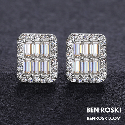 Rectangle Baguette Moissanite Stud Earrings Sterling Silver, Gold & Rose Gold | VVS Moissanite | GRA Certified