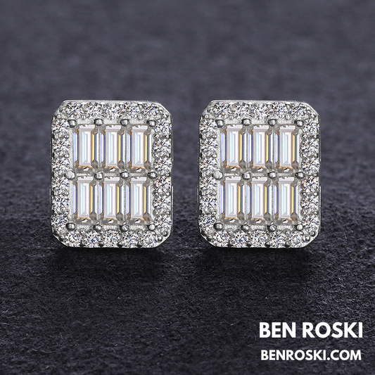 Rectangle Baguette Moissanite Stud Earrings Sterling Silver, Gold & Rose Gold | VVS Moissanite | GRA Certified