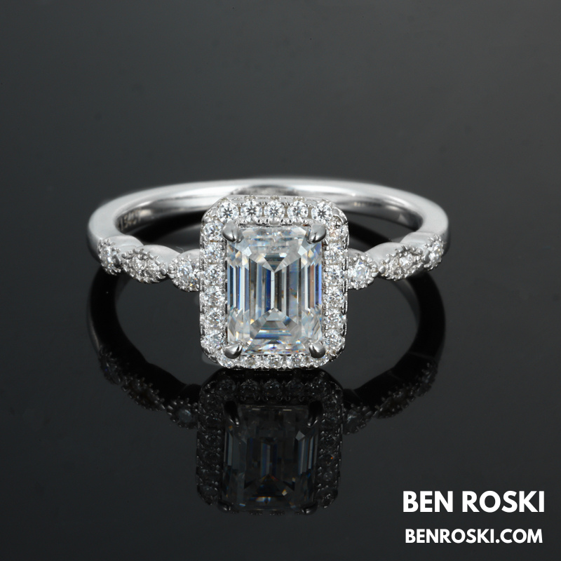Emerald Cut Halo Moissanite Engagement Ring Sterling Silver, Gold, or Rose Gold | VVS1 Moissanite | GRA Certified