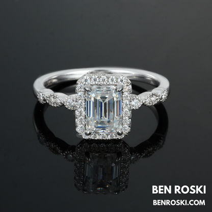 Emerald Cut Halo Moissanite Engagement Ring Sterling Silver, Gold, or Rose Gold | VVS1 Moissanite | GRA Certified