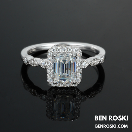 Emerald Cut Halo Moissanite Engagement Ring Sterling Silver, Gold, or Rose Gold | VVS1 Moissanite | GRA Certified